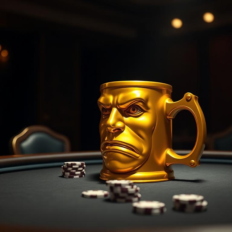 Golden CLUG mug at a poker table