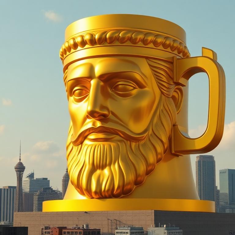 Giant golden CLUG mug statue over a city